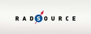 the Radsource logo on a field of white. The letters of RADSOURCE are all in black, sans serif type, except for the S, which is white inside a circle of blue, with a red arrow pointing up and to the right at a 45º angle, piercing through the blue circle